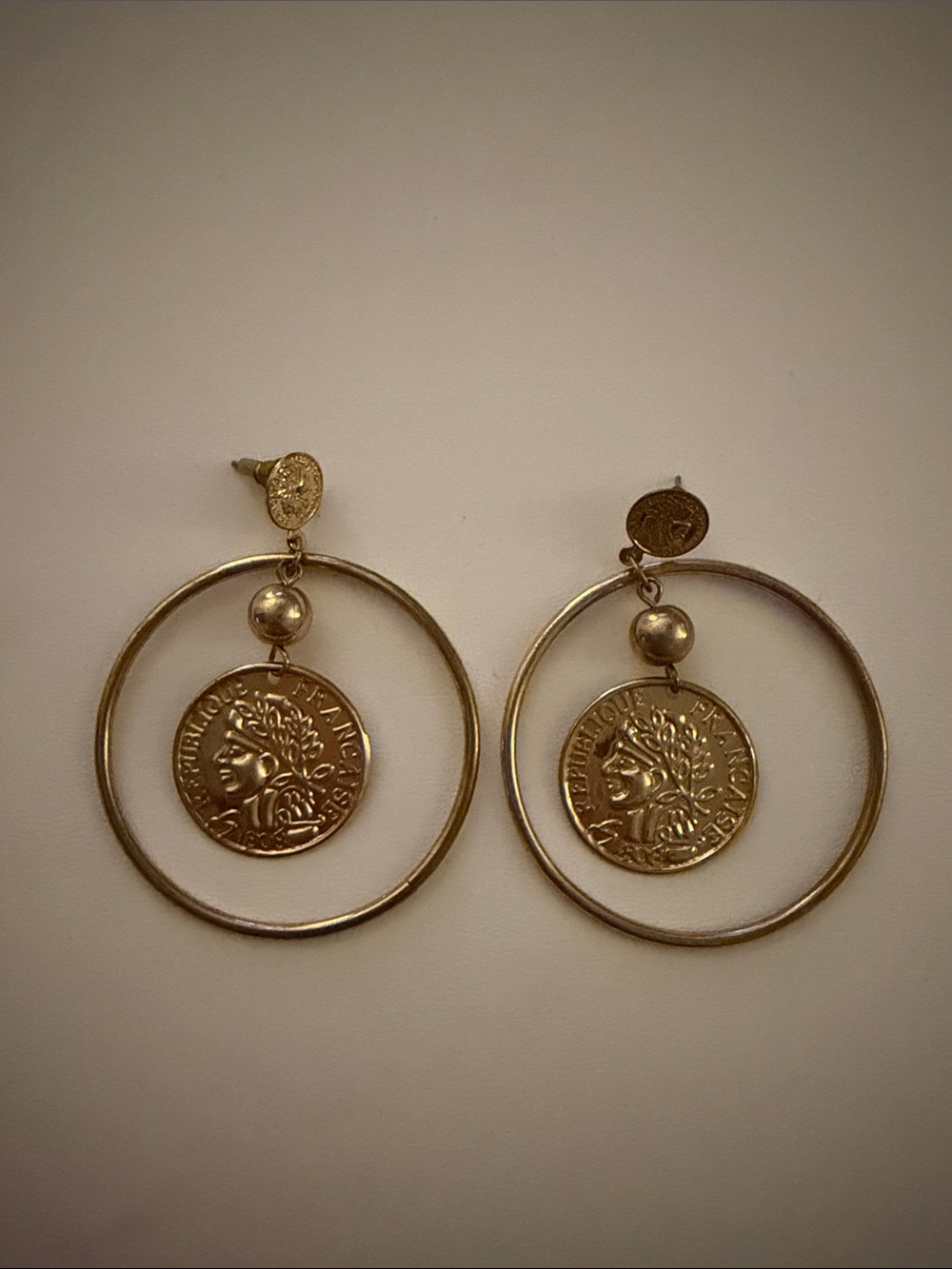 Gold Coin Hoop Drop Earrings